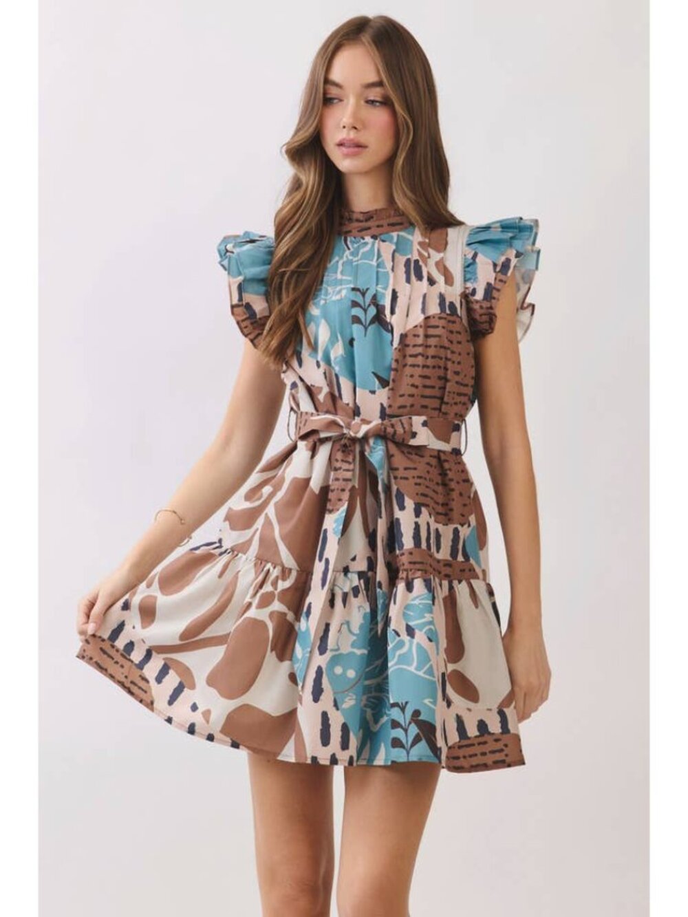 Becca Botanical Fall Pleats & Ruffles Leaf Design Belted Cotton Dress NEW NWT
